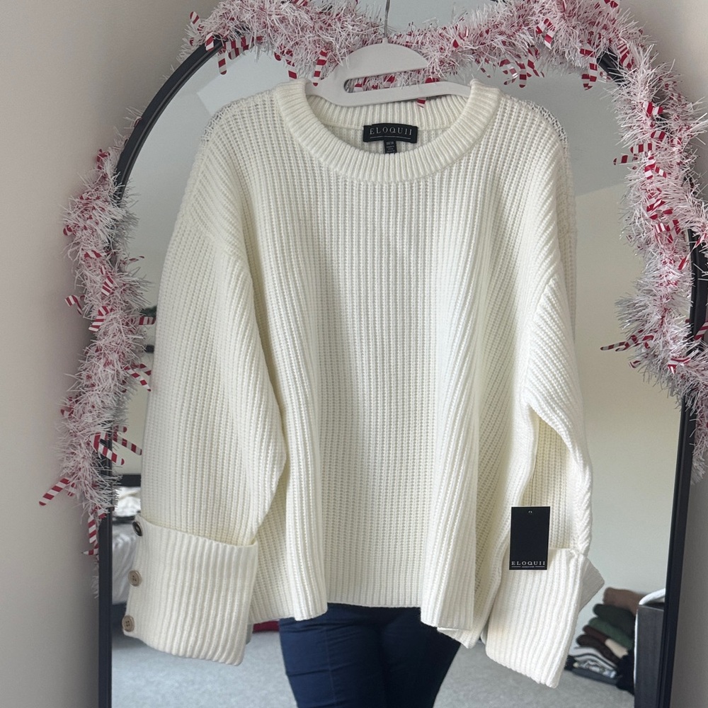 Eloquii Women's White Sweater with Cuffs
